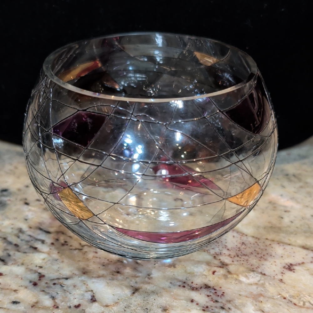 Decorative Glass Bowl with Gold and Red Accents Great For Tea Lights Candles